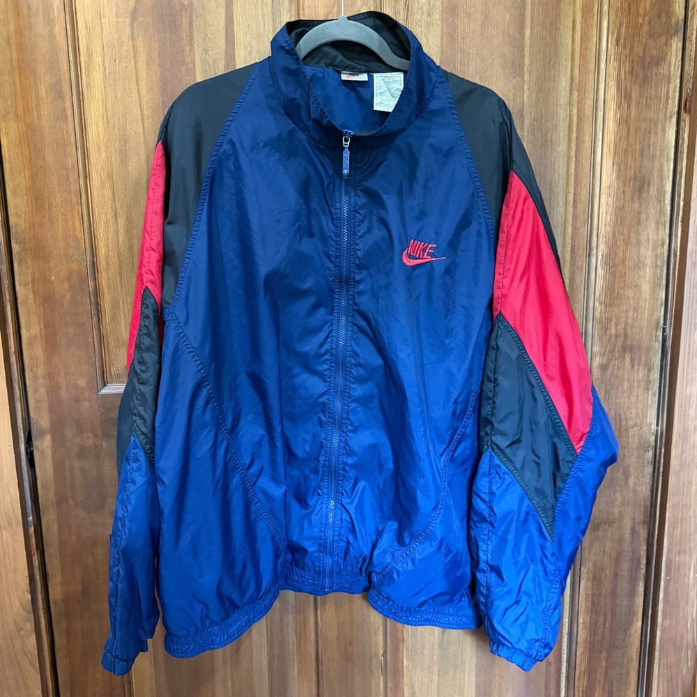 Nike Vintage 90s Colorblock Windbreaker Jacket Navy Blue Red Blk XXL Big Swoosh